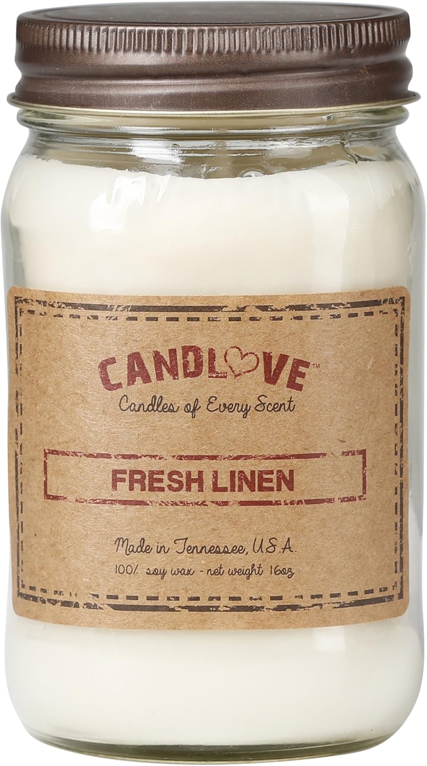 CANDLOVE Fresh Linen Scented 16oz Mason Jar Candle 100% Soy Made in The USA