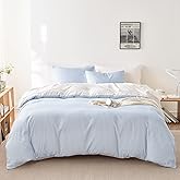 Wake In Cloud - Striped Comforter Set with Sheets, Ticking Stripe Vertical Pinstripe Neutral Farmhouse Pattern Printed, 7 Pieces Bed in a Bag, Blue White, Queen Size