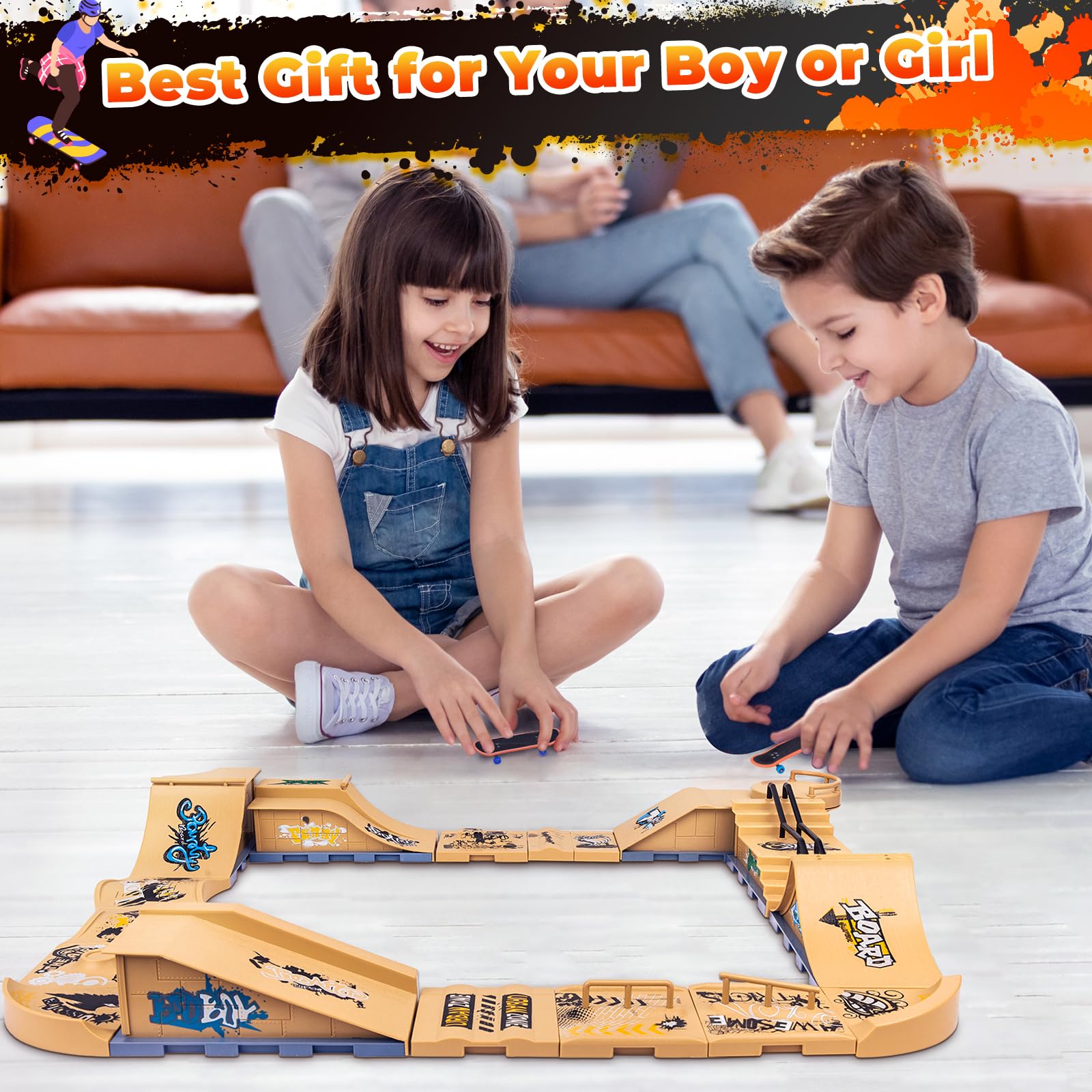 Finger Skateboards Ramp Set, 6 in 1 Fingerboard Skatepark Deck with 11 Buffer Plate, Fingerboard Half Pipe Ramp for Kids Adults Fingerboard Train Props Interactive Freestyle Game
