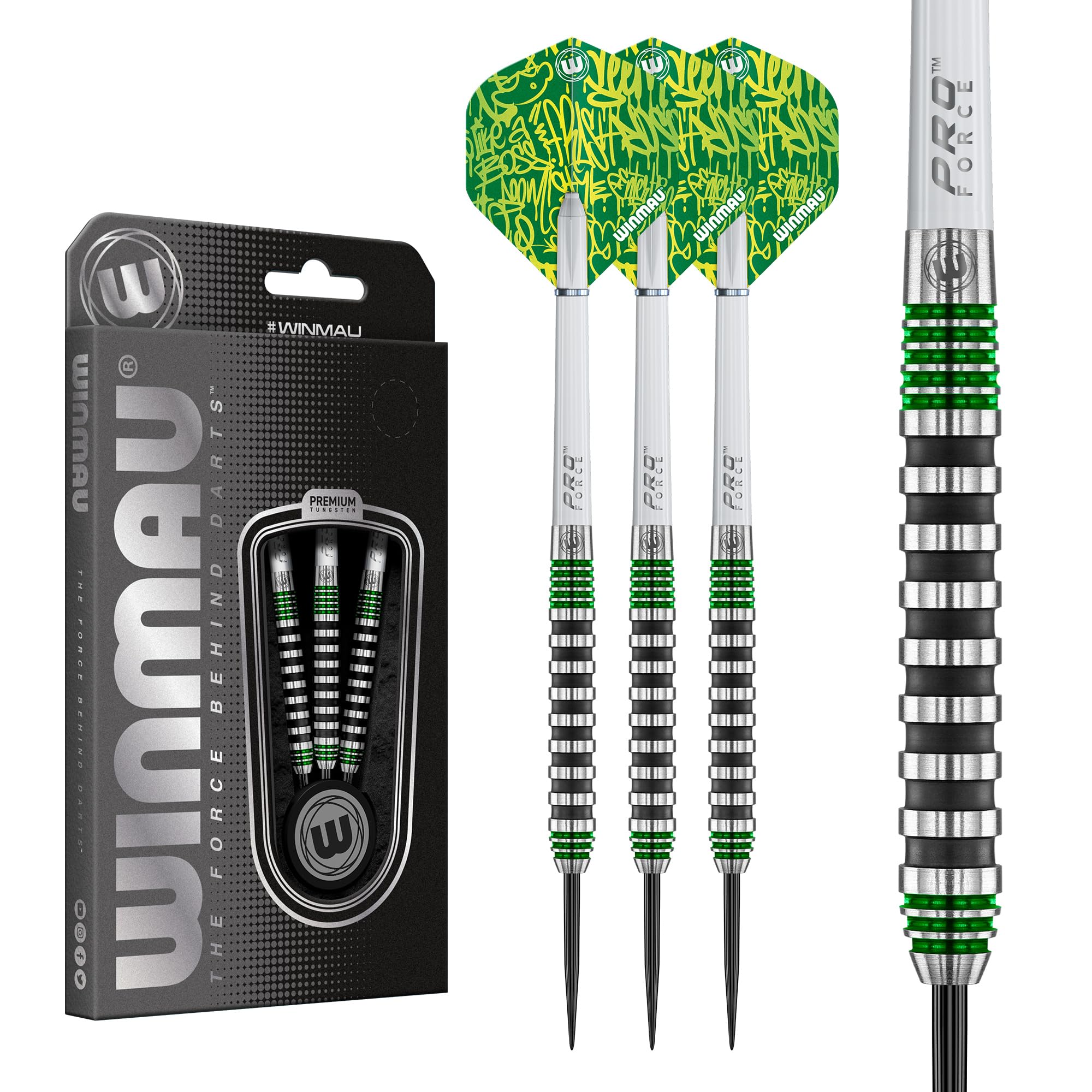 WINMAU Advance 500 Series Tungsten Green 24 Gram Steeltip Darts Set with Flights and Shafts (Stems)