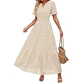 ZESICA Women's 2026 Summer Short Sleeve Maxi Dress Casual V Neck Hollow Out Eyelet Ruffle Swing A Line Long Dresses