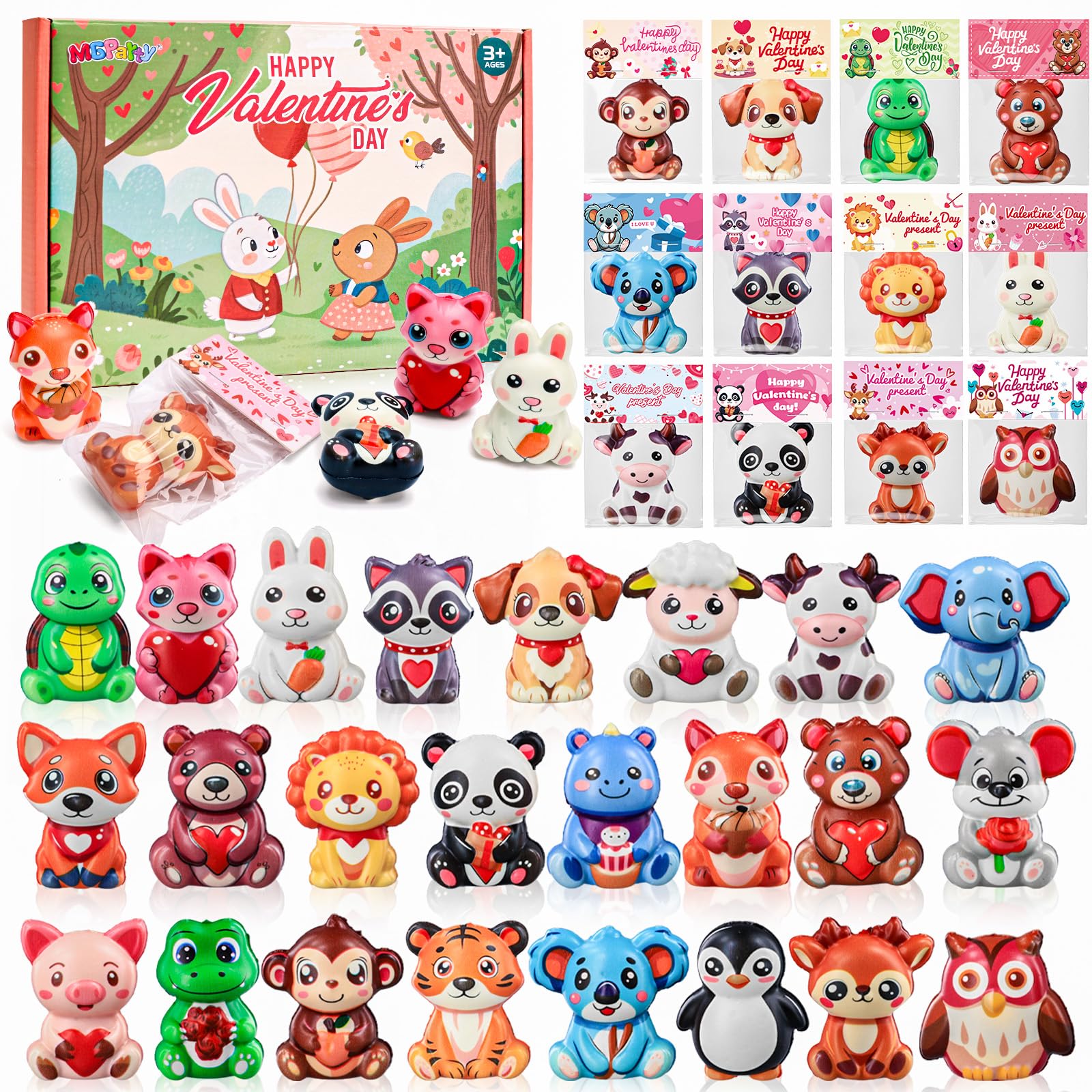 Photo 1 of 24 Pack Valentines Day Gifts for Kids Classroom, Cute Animal Mochi Squishies Toys with Valentine Cards, Stress Relief Fidget Squeeze Toys for School Classroom Exchange Party Favors Goodie Bag Stuffers