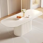 Guyii 86.61" Large Cream White Dining Table with Strong Pedestal Modern Oval Dining Room Table for 8 People Cream Kichen Table for Dining&amp;Kichen Room Furniture