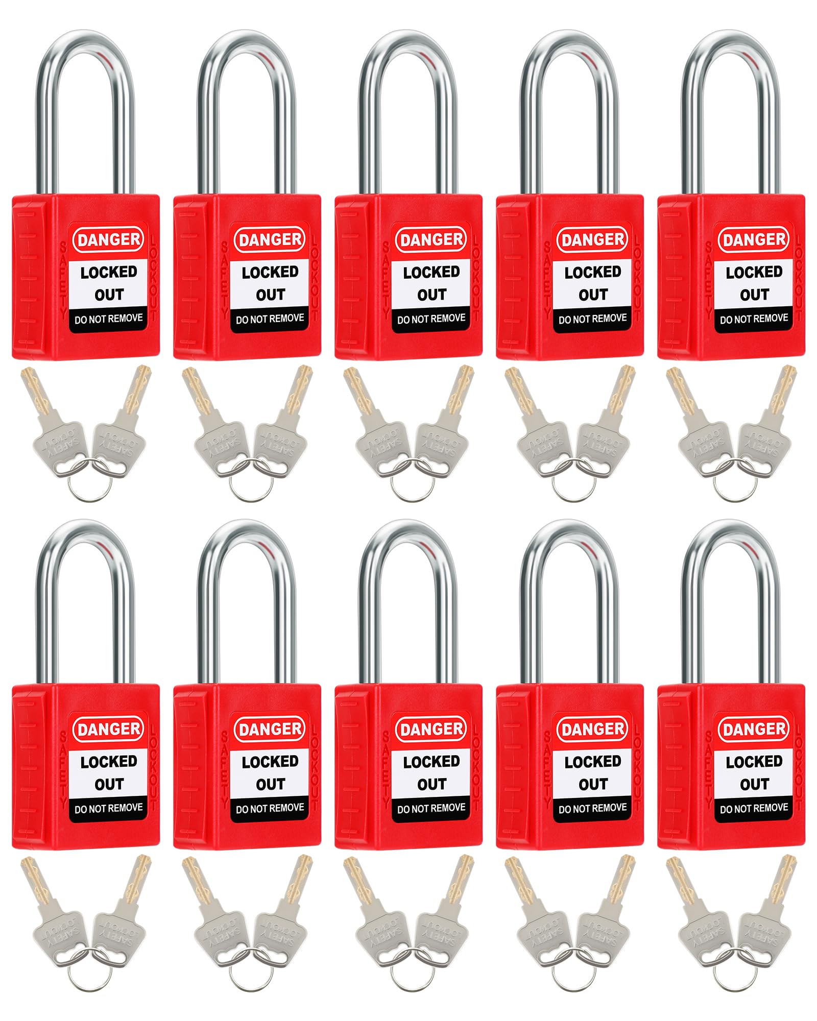 Safety Lockout Padlock, 10 Padlocks with 20 Keys Different, Outdoor/Gym/Electrical Safety Padlock Weatherproof Steel Shackle, Loto Tag Tagout Red Lock