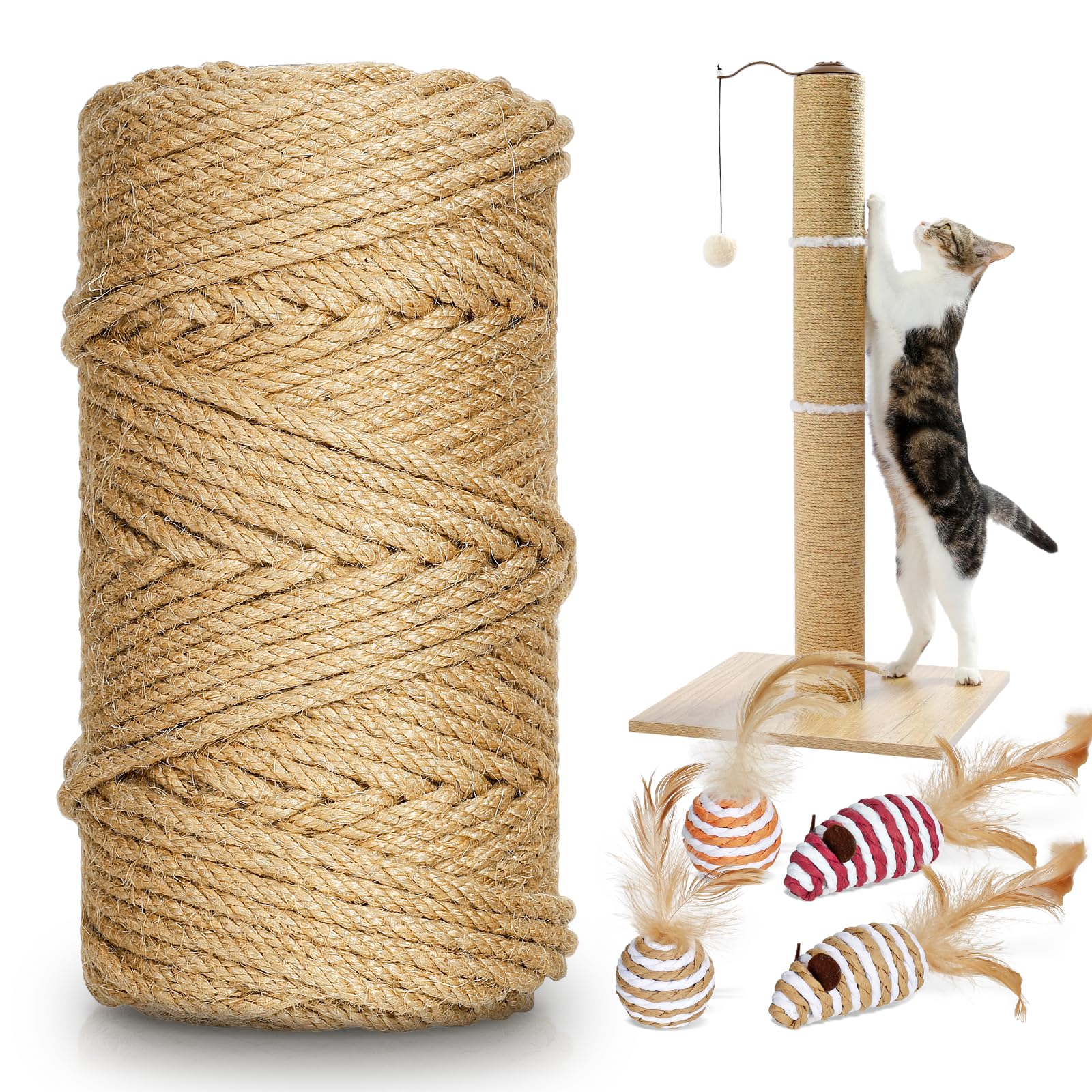 Photo 1 of 164 ft/50 m Sisal Rope for Cat Scratcher, 1/4 inch/ 6 mm Thick Twine for Cat Scratching Post Cat Tree Replacements DIY Craft Projects, Jute Hemp Rope with 4 Random Colors Cat Toys