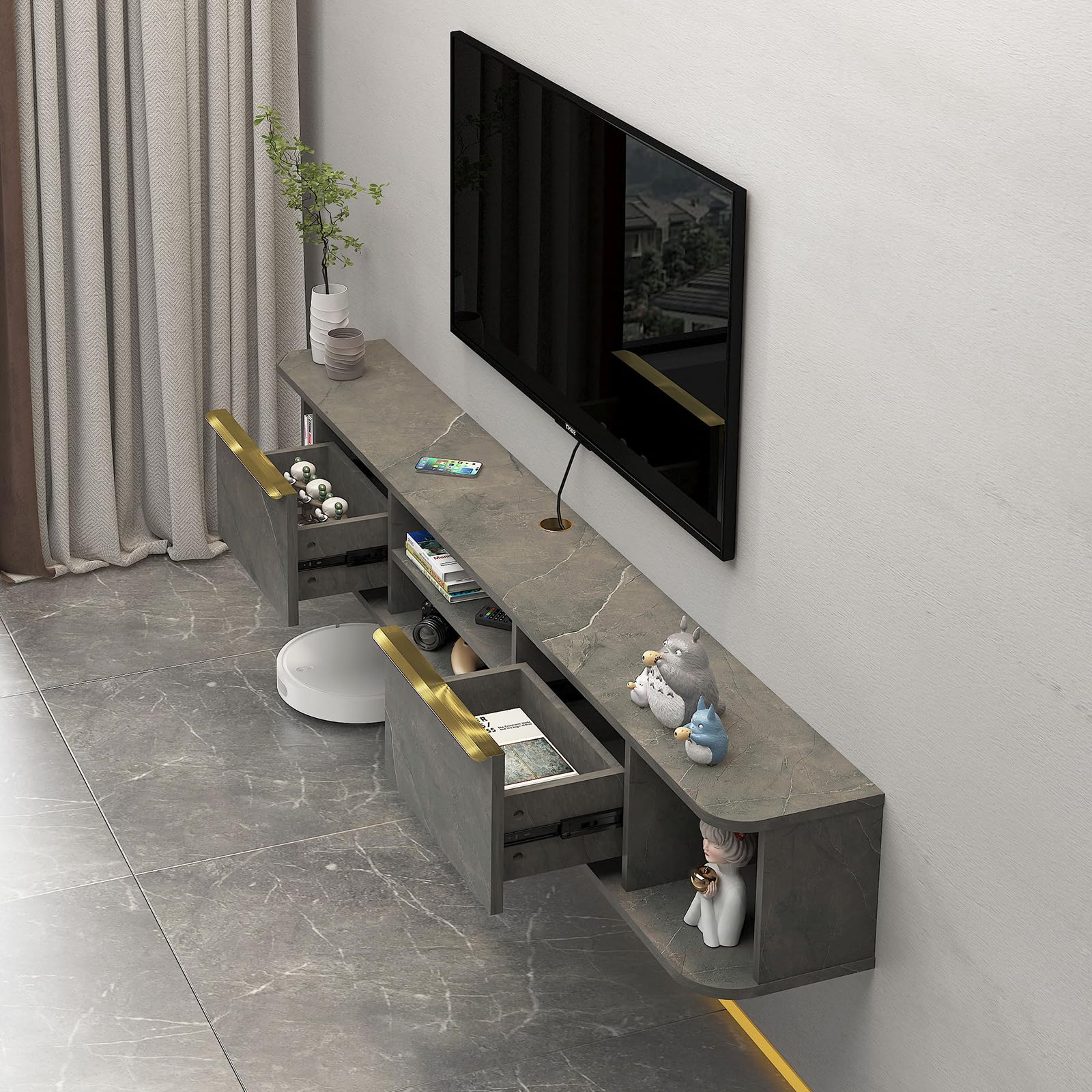 Photo 1 of ***DAMAGED***Pmnianhua Floating TV Stand with 2 Drawers,78'' Wall Mounted TV Cabinet,Floating Shelf for Under TV,Floating TV Unit with Stoarage for Bedroom Living Room(Grey)