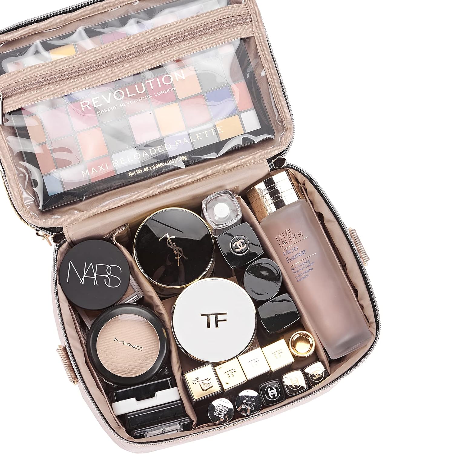 NISHEL Double Layer Travel Makeup Bag with Strap, Large Cosmetic Case Organizer Fits Bottles Vertically, Top Layer for Brushes, Tweezers, Eyeliner, Pink : Beauty