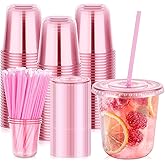 KesaPlan 50 Pack 12 oz Pink Plastic Party Cups with Lids and Straws, Disposable Iced Coffee Cup with Lids, Round Bottom Drinking Cups for Birthday Wedding Valentine's Galentine's Bachelorette Party