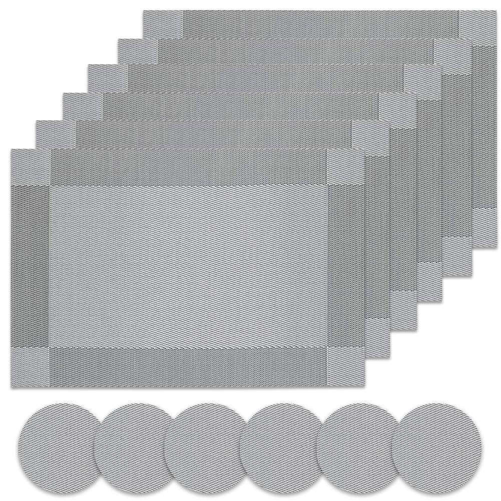 Panngu Place Mats, Simple Table Place Mats and Coasters Sets of 6 - Premium Heat Resistant Washable Tableware Square Dining Table Mats (18"X12" Silver grey)
