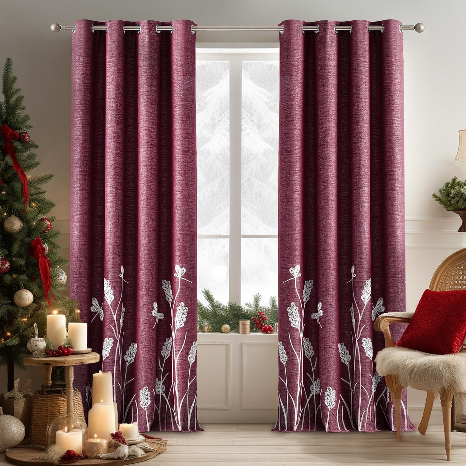 Outdoor Curtains - Melodieux Wheat Embroidery Faux Linen Blackout Wide Curtains for Living Room Patio Door Large Window Grommet Drape, White Wheat/Burgundy, 100 by 84 Inch (1 Panel)