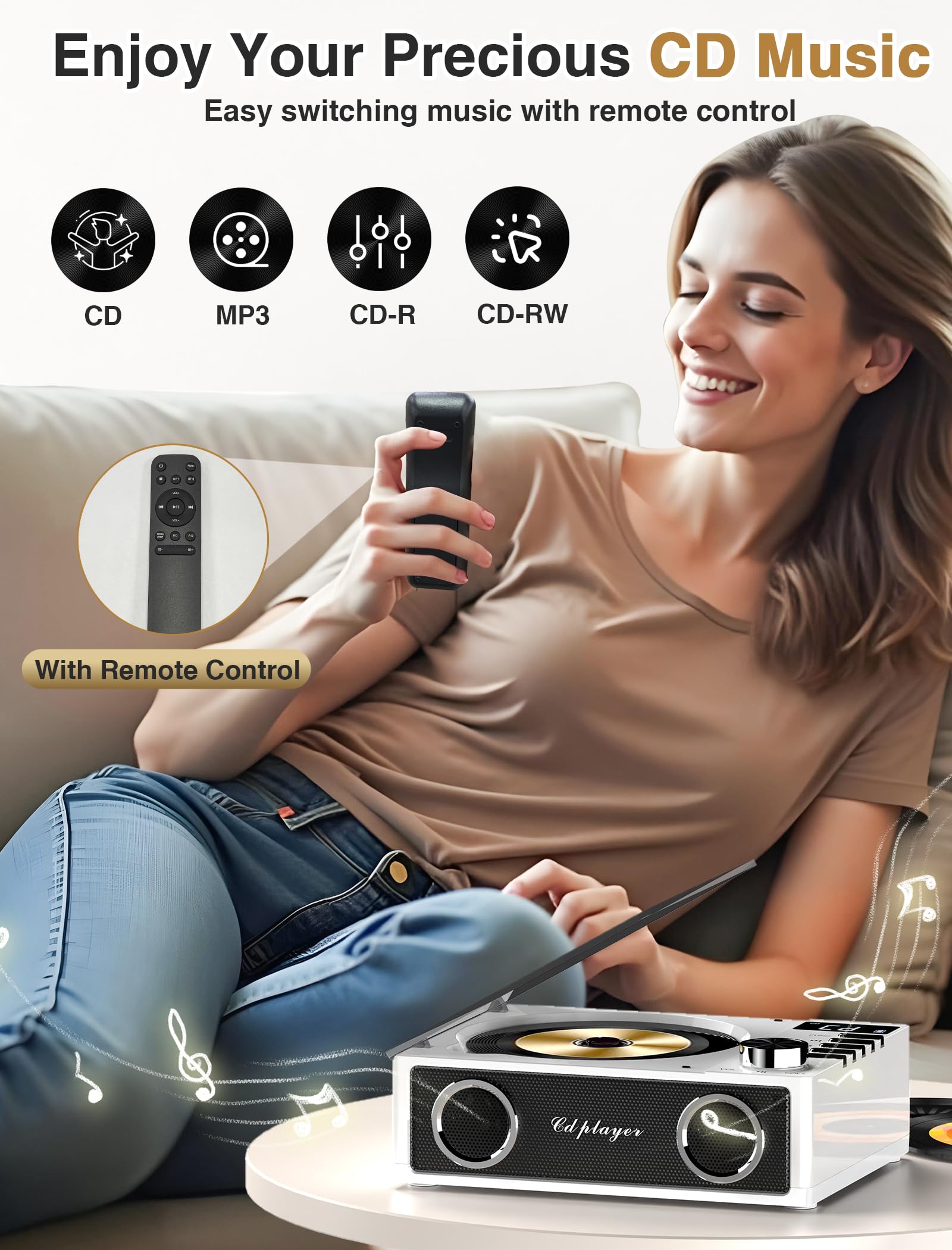 4000mAh Rechargeable CD Player with Bluetooth CD Player Wtih Dual Big Speakers,Retro CD Music Player with Remote Control, LCD Display, Support Opt/USB/TF Card/AUX/3.5mm Headphone Jack for Car Or Home