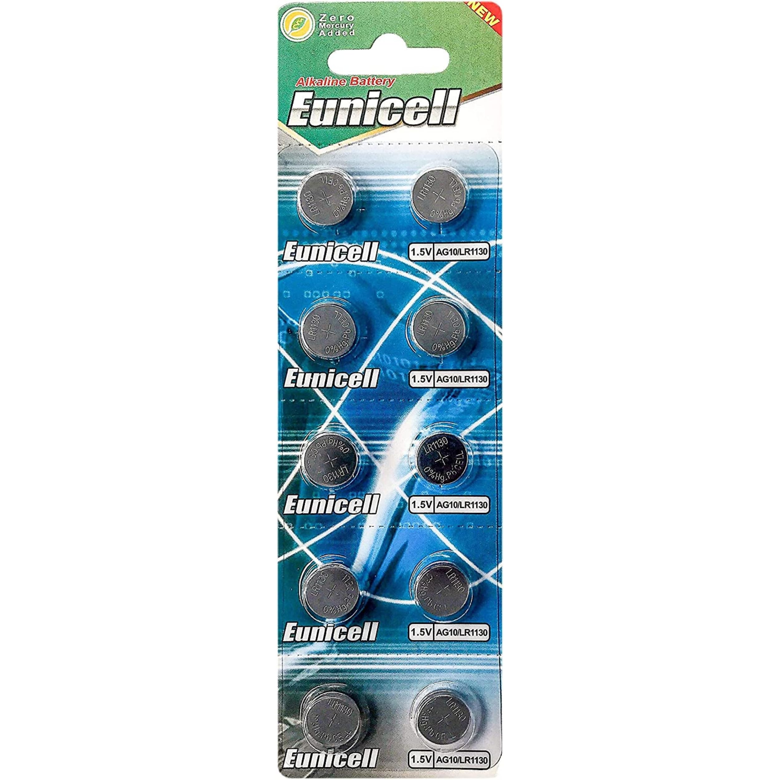 Eunicell AG10 Alkaline Button Cell 1.5v Batteries, Pack of 10 in Individual Blisters
