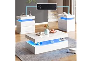 Jocisland 3-Piece High Gloss Living Room Table Set, Includes Modern LED Coffee Table with 2-Tier Design and 2 Matching Nights