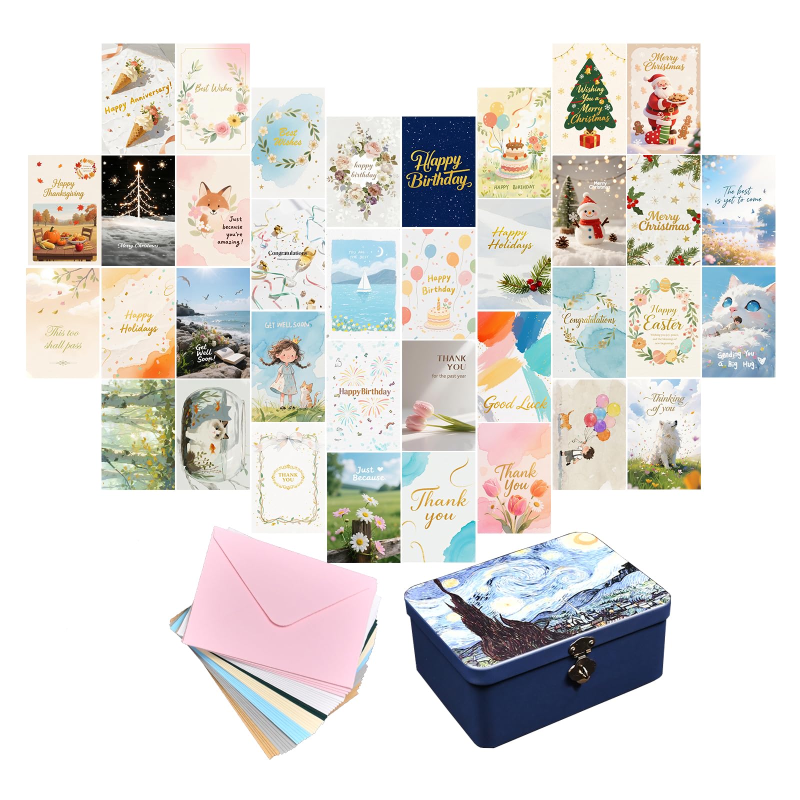 Photo 1 of 36 PACK All Occasion Greeting Cards with Envelopes in a Tin Box, 4" x 5.9" Special Themes & Folded Cards for Thank You, Birthday, Christmas, Anniversary, Congratulations, Wishes, Holiday, Encourage