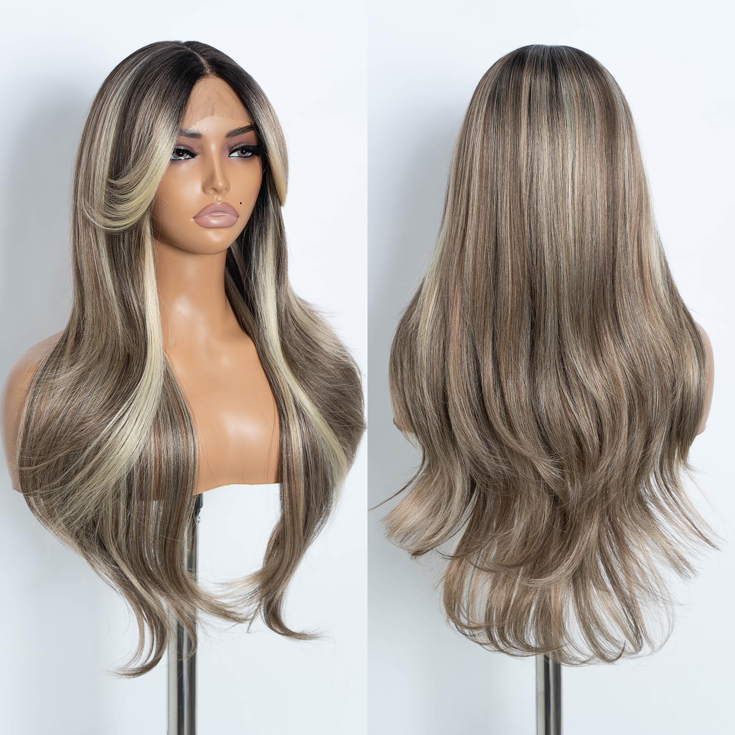 Style Icon Long Layered Wave Lace Front Wigs with Curtain Bangs 26 Inches Highlight Blonde Straight Hair Synthetic T Part Lace Wig (NTSA4/10/23B/613C) — image 1