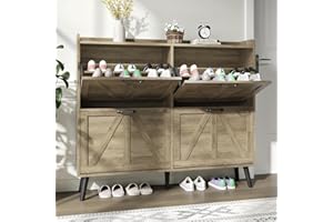 NOVAMAISON Shoe Cabinet with 4 Flip Drawers, Farmhouse Shoe Cabinet Storage for Entryway Slim, Freestanding Shoe Organizer Hidden Shoe Rack Cabinet with Wooden Legs, Rustic Oak