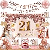 Turypaty 21st Birthday Decorations for Girls, Pink Rose Gold Happy 21 years old Birthday Banner Backdrop Balloons Sash Table Cake Topper Honeycomb Centerpieces Hanging Swirls Paper Fans Party Supplies