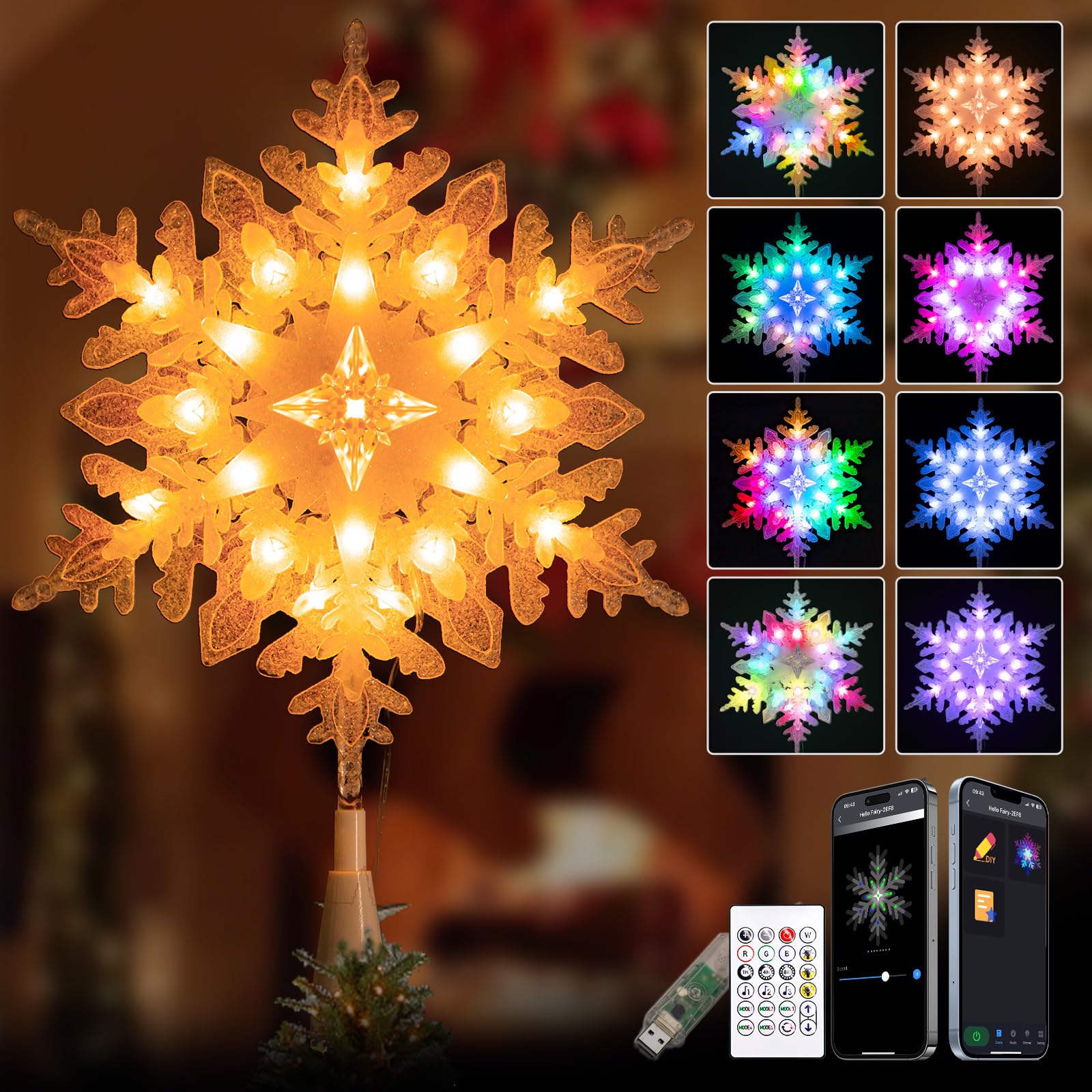 Photo 1 of 10” Smart Christmas Snowflake Tree Topper with 20 RGB Lights, DIY Colors Changing, Music Sync, Timer, for Xmas Tree Indoor Party Home Office Decoration