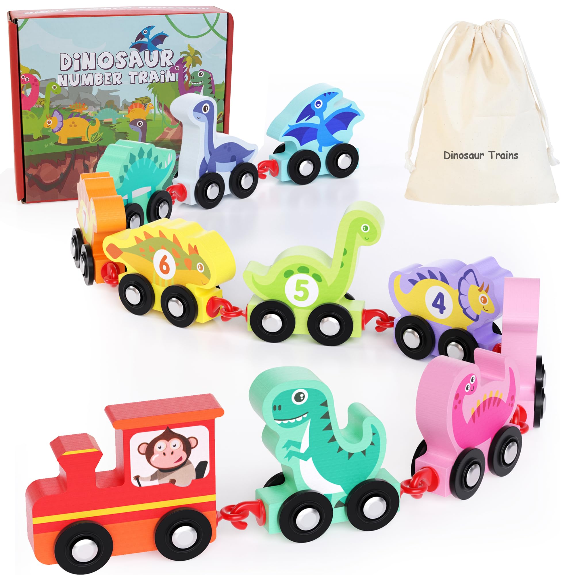 HELLOWOOD Montessori Educational Toys Wooden Dinosaur Train Set with 0-10 Colourful Numbers Train Count Montessori Learning Toy for Baby Toddler Boys Girls Age 2 3 4 Years Old