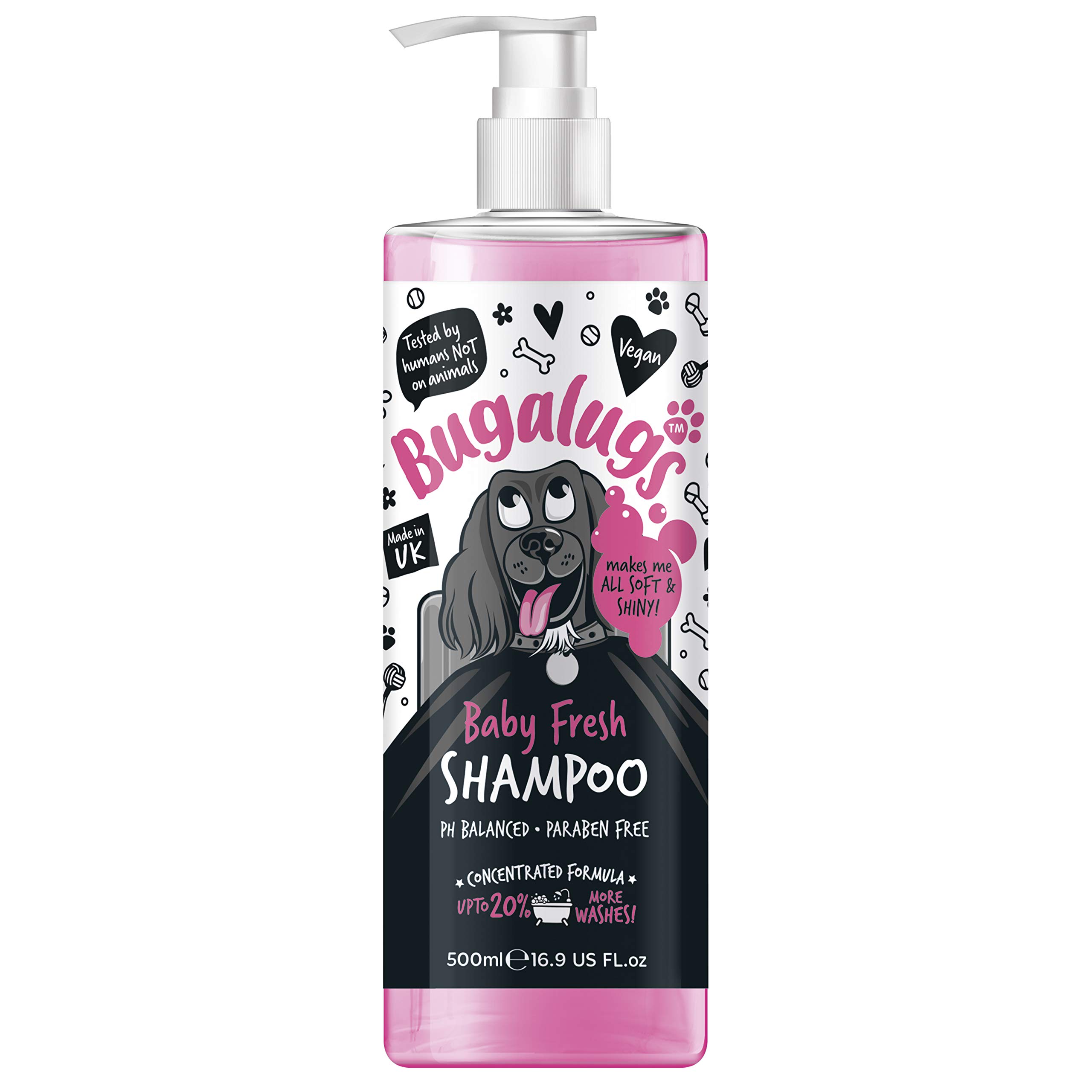 BUGALUGS Baby Fresh Dog Shampoo 500ml grooming products for smelly dogs with baby powder scent, best puppy shampoo and conditioner, Vegan pet shampoo professional (500ml)