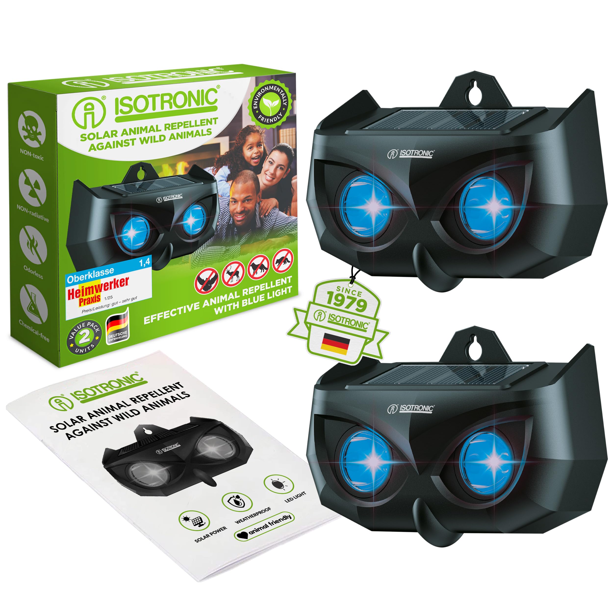 ISOTRONIC Solar Animal Repellent for Repelling Raccoons, Deer, Foxes & Wild Boars - Wild Animal Repeller with Blue LED Light - Effective Animal Repellent with 40 m² Effective Area (Pack of 2)
