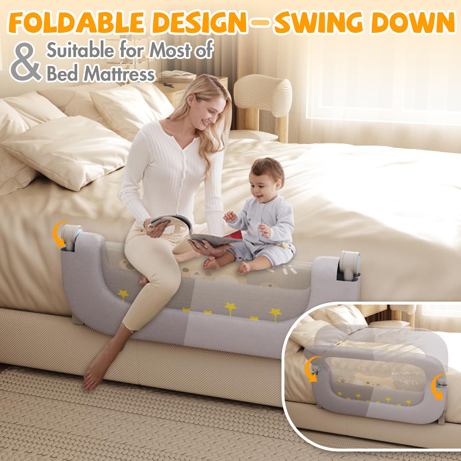 Baby Bed Rail Guard for Toddlers - 32'' U Shaped Extra Large Reinforced Swing Down Foldable Toddler Bed Rails for Kids - Safety Baby Bed Rail Guard Great Fit for Kids Twin,Full,Queen,King Size Bed