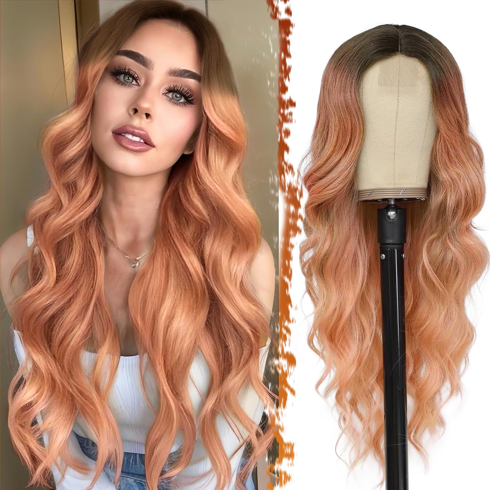 BARSDAR Long Wavy Ombre Pink Wig, 26 Inch Middle Part Curly Wavy Wig Lace Front Natural Looking Heat Resistant Soft Synthetic Wigs for Women Girls Daily Party Halloween- Ombre Pink — image 1