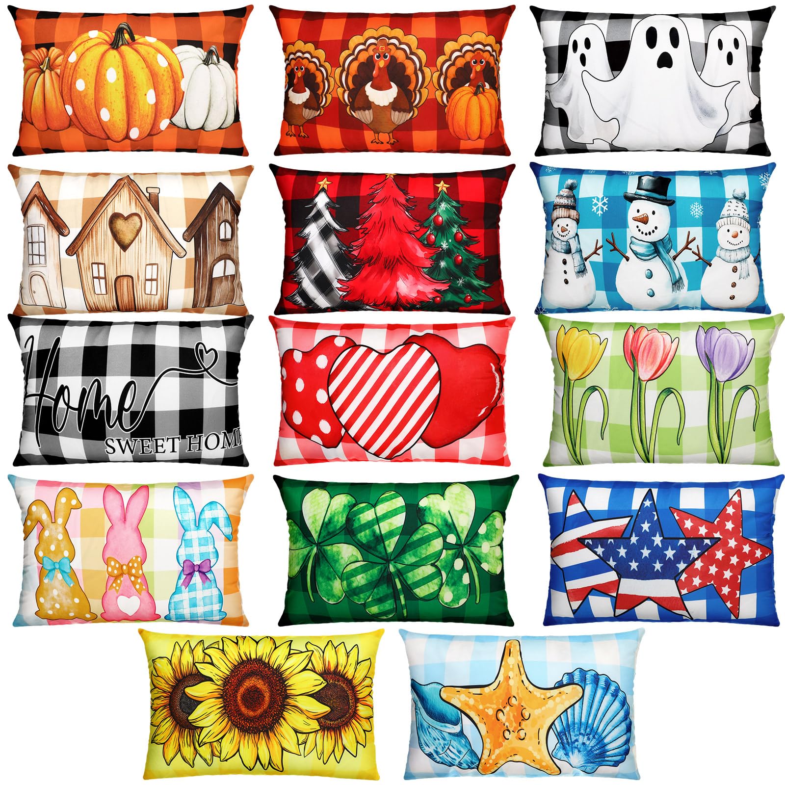 Photo 1 of Mindsoft 14 Pcs Seasonal Holiday Pillow Cover 12 x 20 Inch Rectangle Throw Pillow Covers Ocean Sunflower Farmhouse Independence Day Decorative Lumbar Pillowcase for Home Office Sofa Decoration
