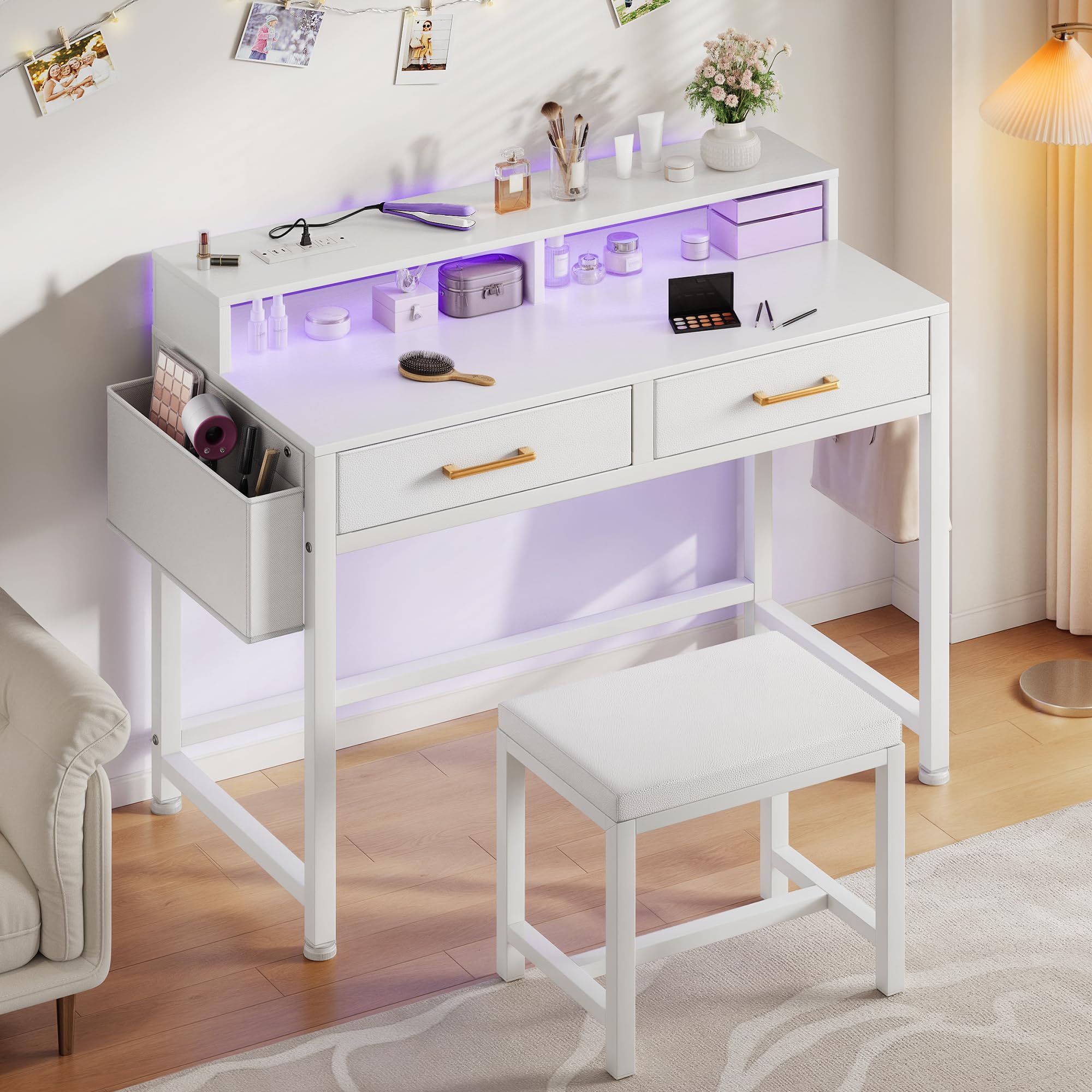 Photo 1 of YITAHOME Modern Vanity Desk with Stool, Small Makeup Table with Drawers and RGB Lights, Power Outlet, Interchangeable Side Hook & Side Pocket, No Mirror Design (31.5 x 15.7 x 34.3 Inches, Pearl White)