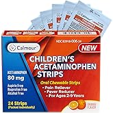 CALMOUR Children's Acetaminophen 24 Strips | Pain Reliever & Fever Reducer | Fast-Acting Support for Cold & Flu Symptoms | Oral Chewable Strips for Kids Ages 2-9 | Travel Size, Orange Flavor