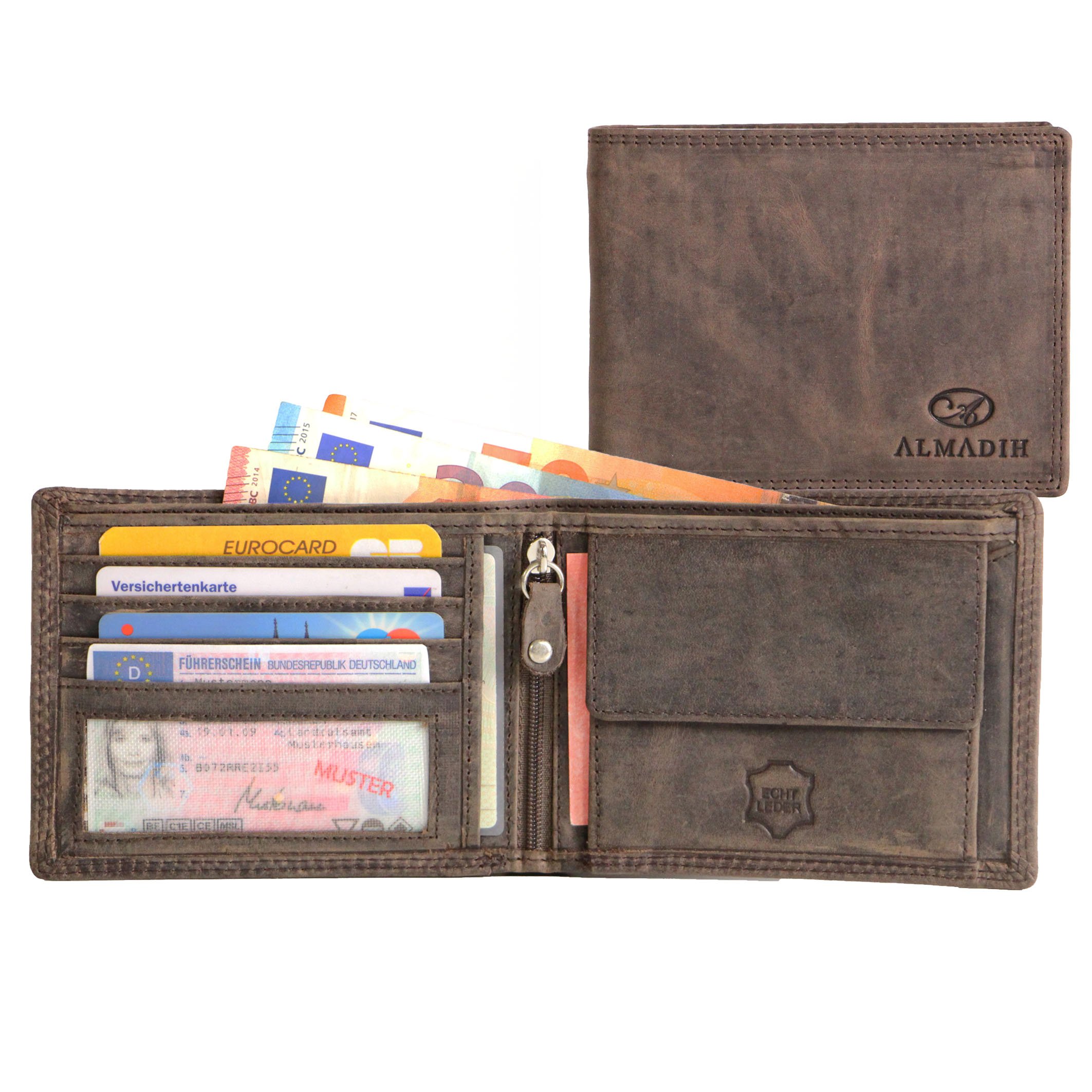 ALMADIH Slim Leather Wallet Landscape Format 14 Card Slots with Gift Box P0Q Brown Vintage Premium Cow Leather - Men Purse Credit Card Case Holder Coin Storage pouche ID Window Note case Genuine