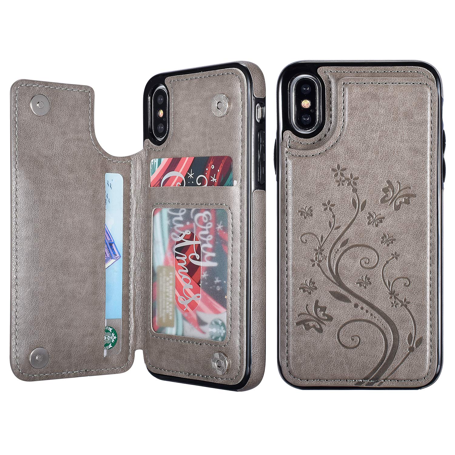 UEEBAI Case for iPhone XS Max,Luxury PU Leather Case [Two Magnetic Clasp] [Card Slots] Stand Function Butterfly Flower Pattern Durable Soft TPU Shockproof Wallet Cover for iPhone XS Max - Grey — image 1