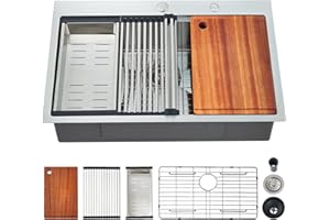 EcoChannels Kitchen Sink, 33 x 22 Drop in Kitchen Sink 16 Gauge Stainless Steel Kitchen Sinks Single Bowl Workstation Sink with Cutting Board