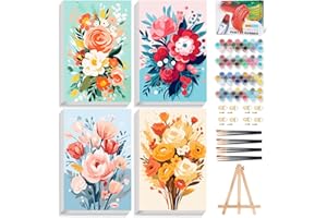 Offito 4 Pack Framed Paint by Numbers Kit for Adults Beginners with Wooden Easel, Flowers Easy Paint by Number Kit with Frame, Watercolor Adult Paint by Number Framed Canvas (8 * 12 Inch)