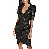 Calvin Klein Womens Short Sleeve V-Neck Glitter Wrap Mini Dress