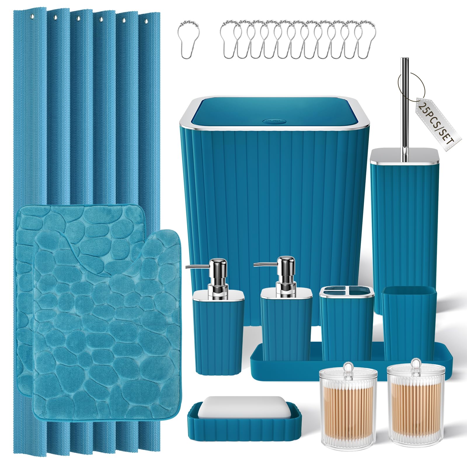 Photo 1 of XLHOMO Bathroom Set with Shower Curtain and Rugs- 25PC Teal Bathroom Set, Bathroom Accessories Set, Shower Curtain Set, Trash Can, Qtip Holder Dispenser & Soap Dispenser 