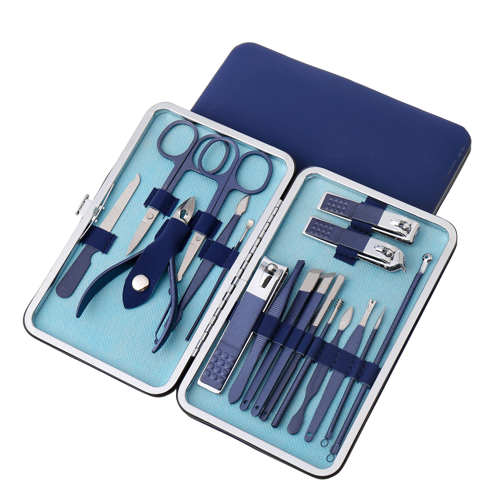 18pcs Manicure Set, stainless steel Pedicure Kit, Nail Clippers, For Men,Women,Professional Grooming Kit, Nail File Trimmer Nose Hair Eyebrow Scissors Tools with Luxurious Portable Travel Case (Blue)