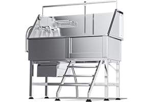 DYTREND Dog Washing Station for Home, Professional 46" Stainless Steel Dog Bathing Station, Height Adjustable Dog Grooming Tub w/Stair, Storage Drawer, Upgrade Parts(Right Stair)