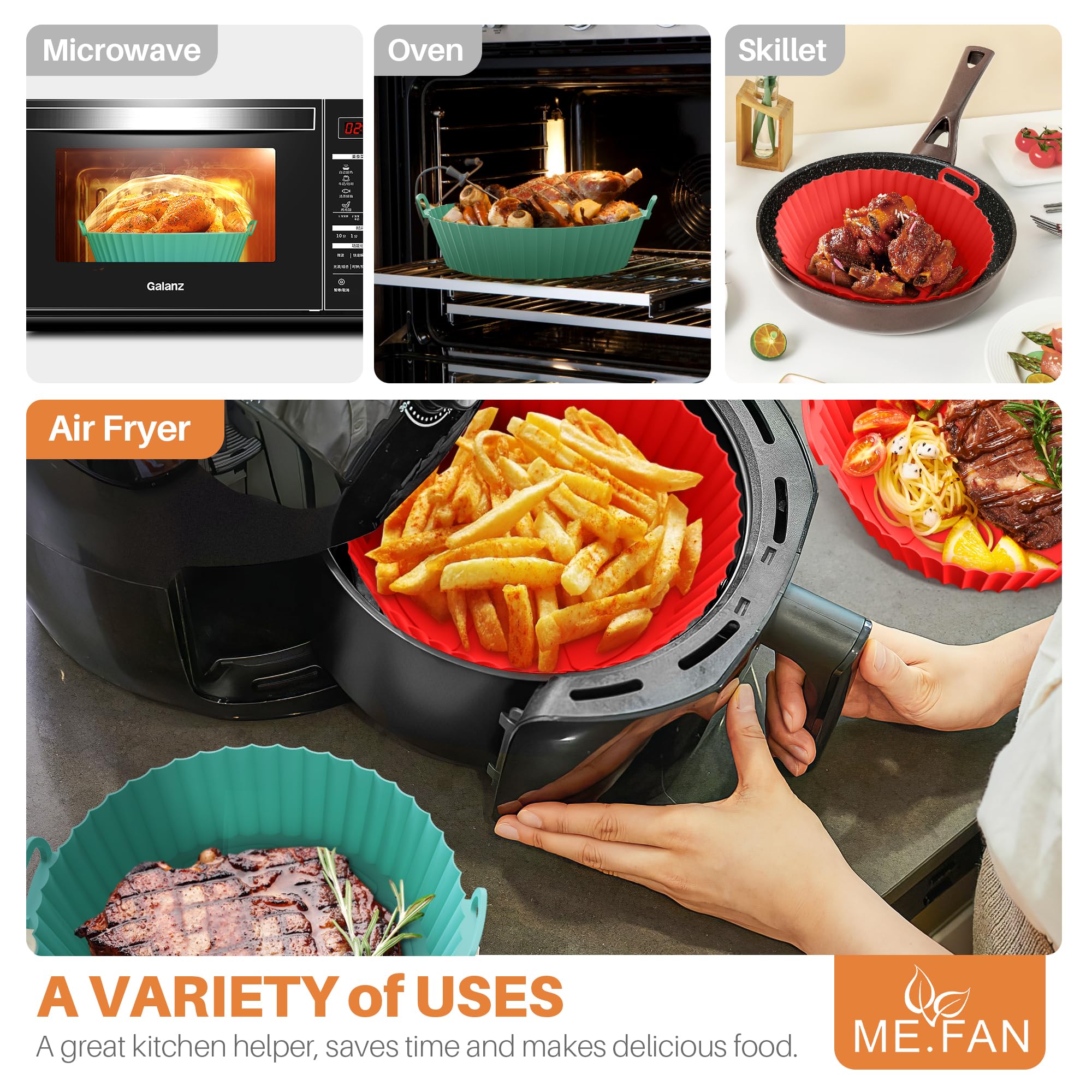 ME.FAN Air Fryer Silicone Liners for 4 to 7 QT [2 Pack] Reusable Air Fryer Basket with Handles & Holes Rose Pink + Light Grey