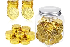 Mczxon Plastic Gold Coins 100 Count, Pirate Treasure Play Golden Toy Coins Bulk with Coin Jar, Small Plastic Play Gold Prop Pirate Reward Tokens Coins Toy for Kids Party Treasure Hunt Game