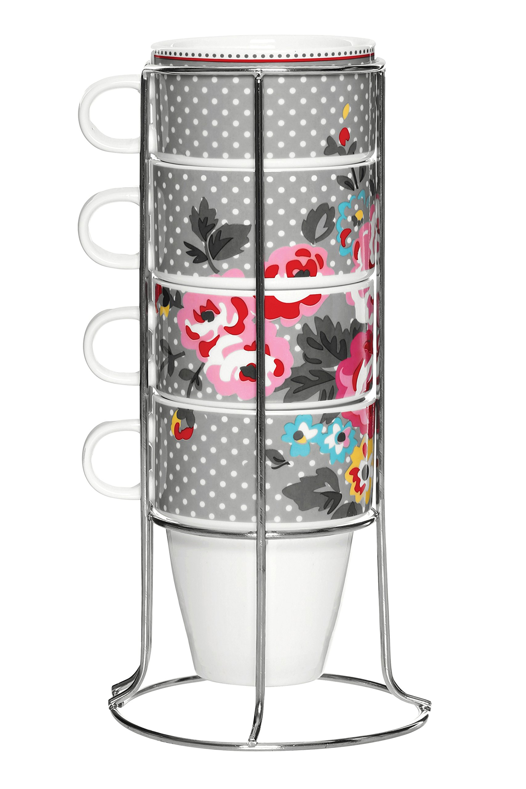 Premier Housewares 330 ml Espresso Cups Set of 4 Coffee Cups Bone China Mug Holder Chrome Stacking Cups Latte Mug 10.5x11x8.5(Each Mug)25x11x11(Stand)