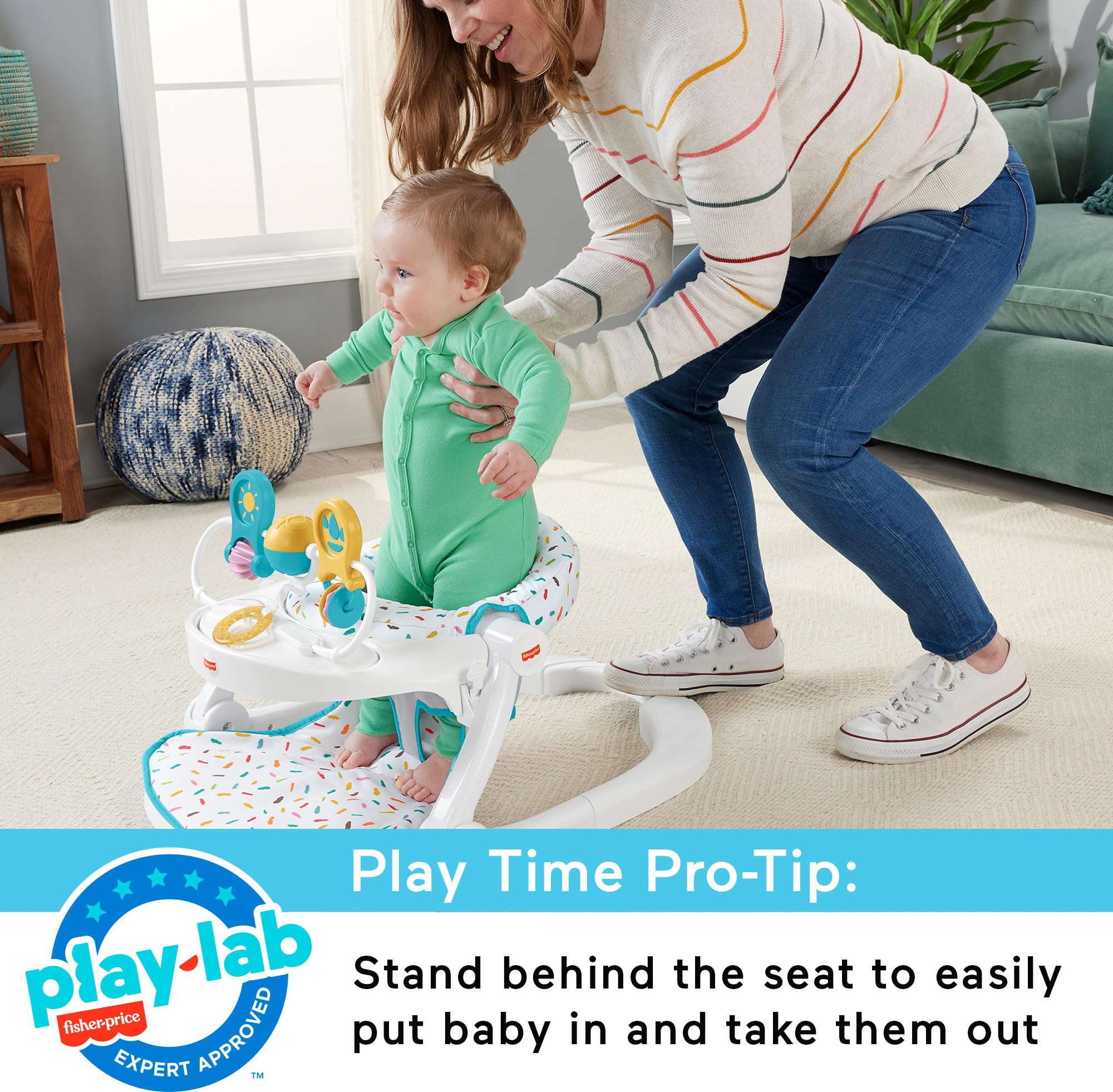 Fisher-Price Portable Baby Chair Deluxe Sit-Me-Up Floor Seat with Snack Tray, Newborn Activity Toys & Rainbow Sprinkles Washable Pad