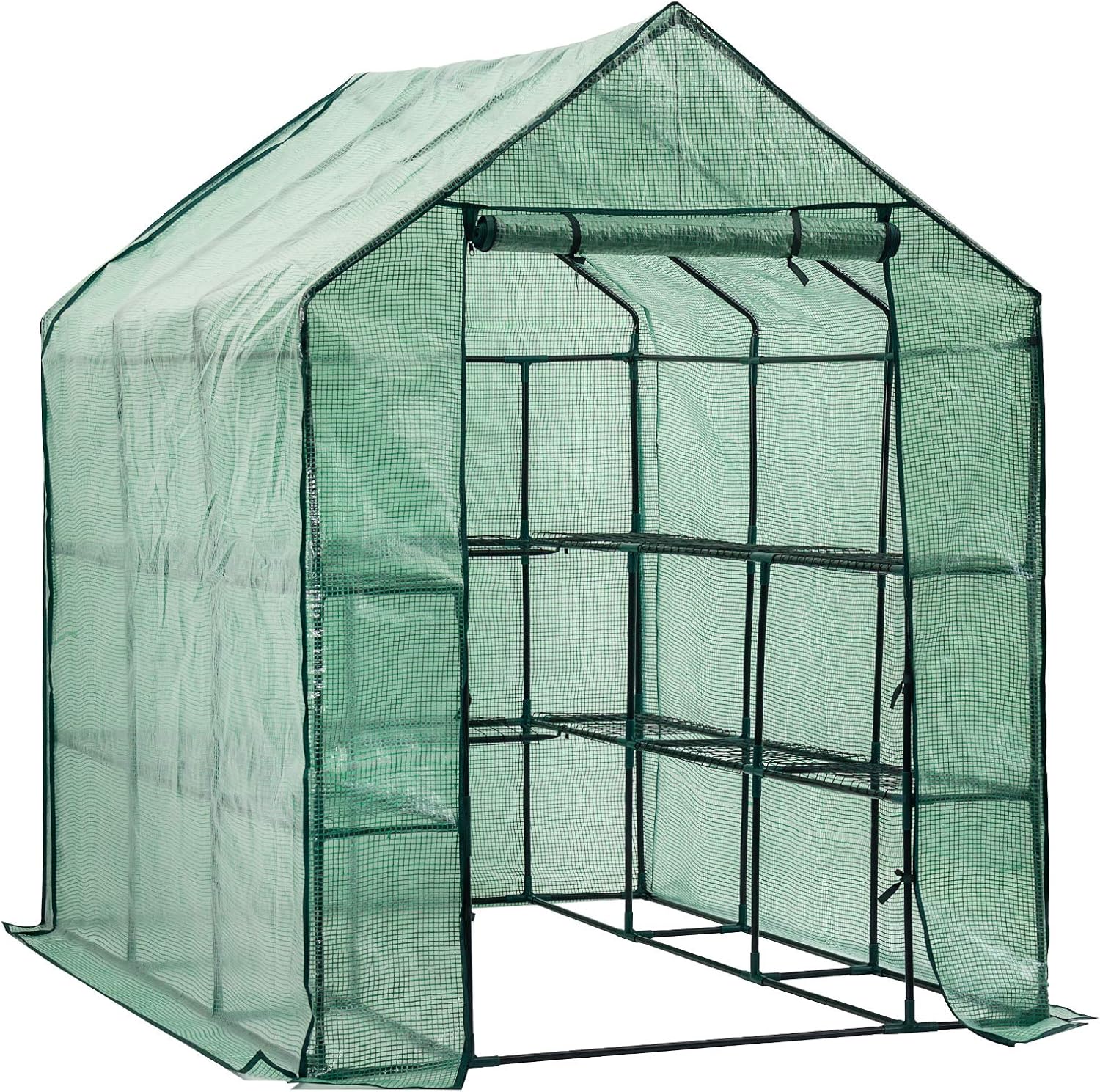 D4P Display4top Foliengewächshaus begehbar mit 8 Fachböden, 143 x 216 x 195 cm, PE Gitterplane Treibhaus mit Anzucht, grün