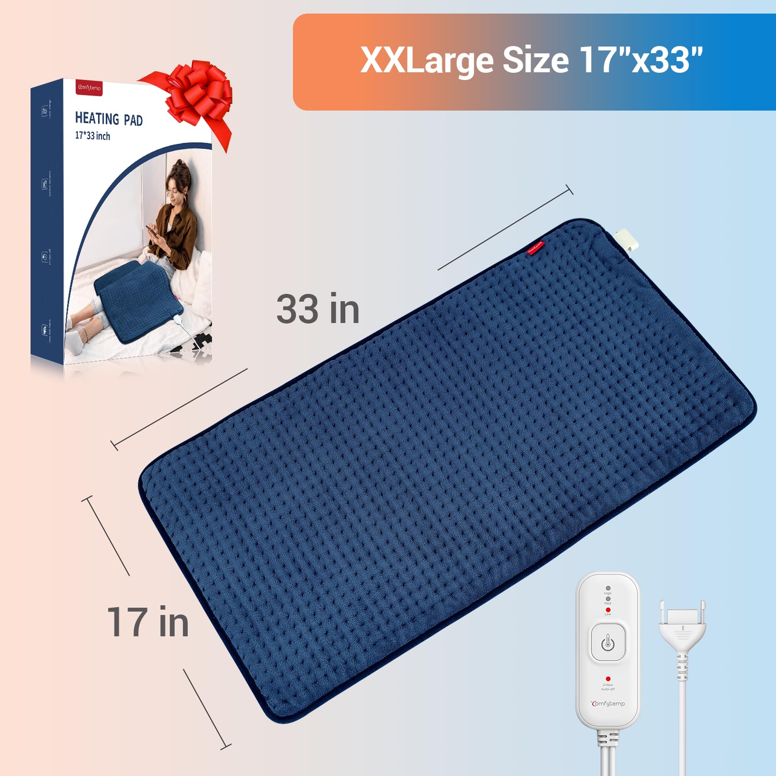 Comfytemp Heating Pad for Back Pain Relief, Extra Large Heating Pad XXL, Birthday Gifts for Women Mom Her Wife, 17''x 33'' King Size Electric Heating Pads for Period Cramps (Blue)