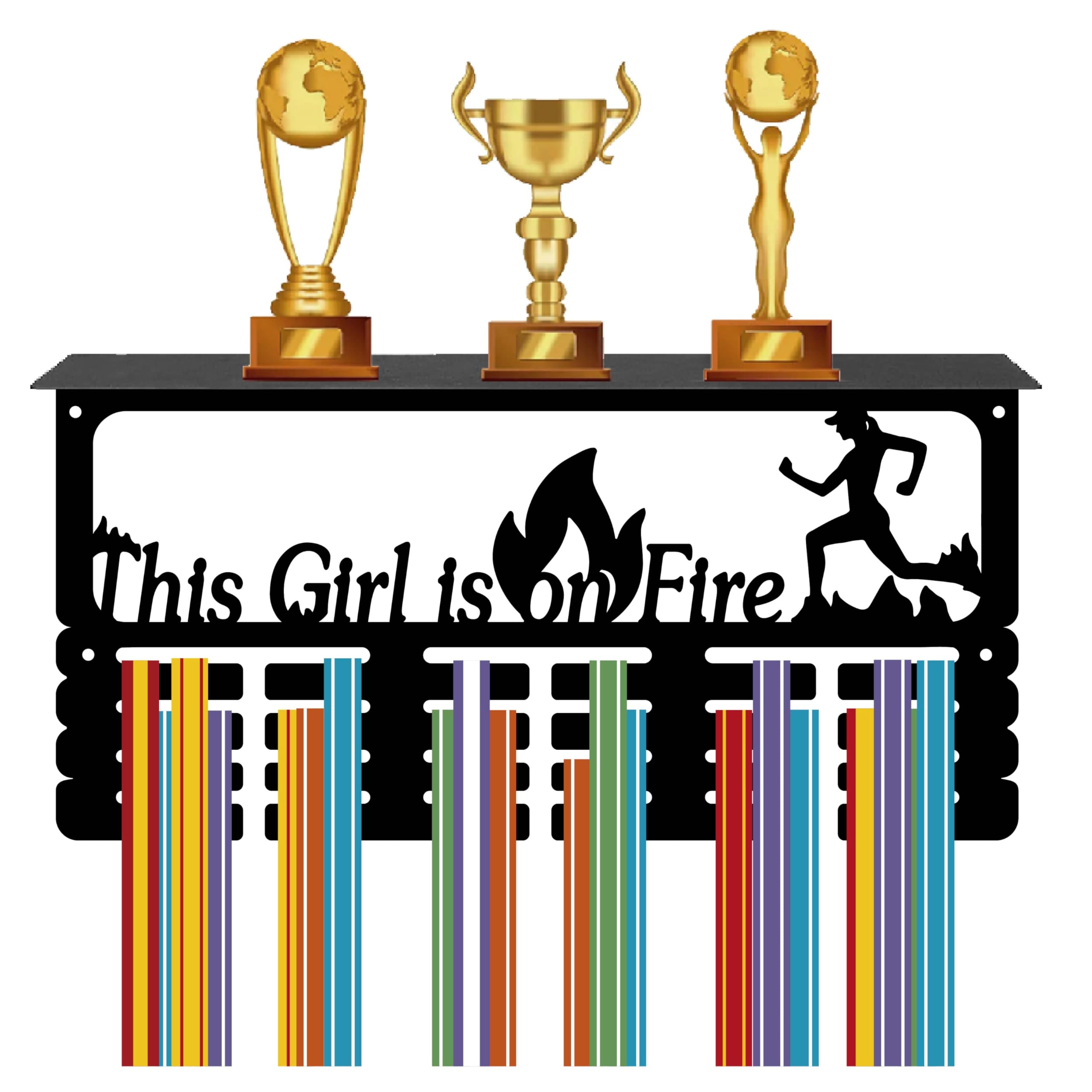 CREATCABIN Medal Holder Trophy Shelf Medal Hangers Display with Shelf Stand Sports 4 Rows Wall Mount Hold 70+ Medals for Gymnastics Running Swimming Awards Rack 15.7 x 7.9 Inch-This Girl is on Fire