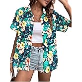 Hawaiian Shirts for Women Hawaii Tropical Button Down Tops Summer Beach Vacation Outfits Floral Short Sleeve Blouses