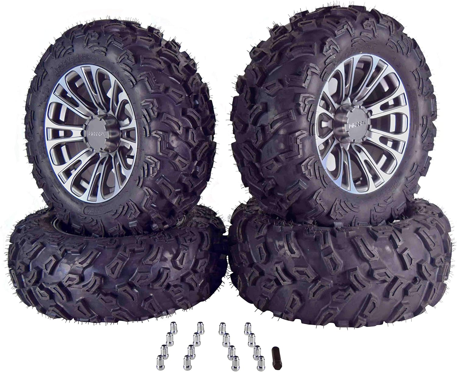 Amazon Com Massfx Sl 26x9 14 26x11 14 Tire W Massfx Quake 14x7 4 156 Rims Wheel Tire Kit 26x9x14 26x11x14 With Lug Nuts Gun Metal Automotive