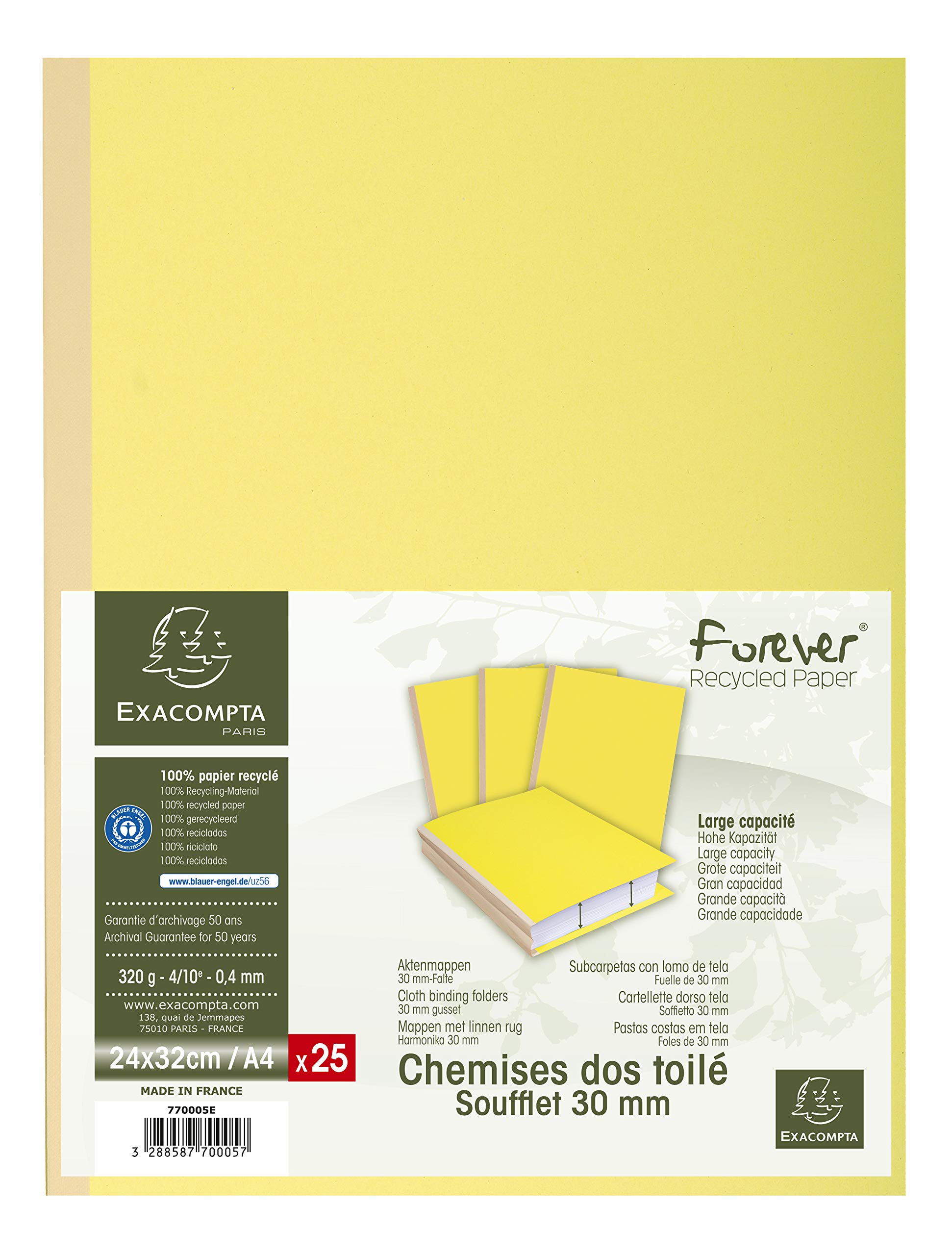 Exacompta - Ref 770005E - Forever Collection - Cloth Spine Folders - 240 x 320mm in Size, Suitable for A4 Documents, 3mm Spine, 320gsm Recycled Card - Yellow (25 Pack)