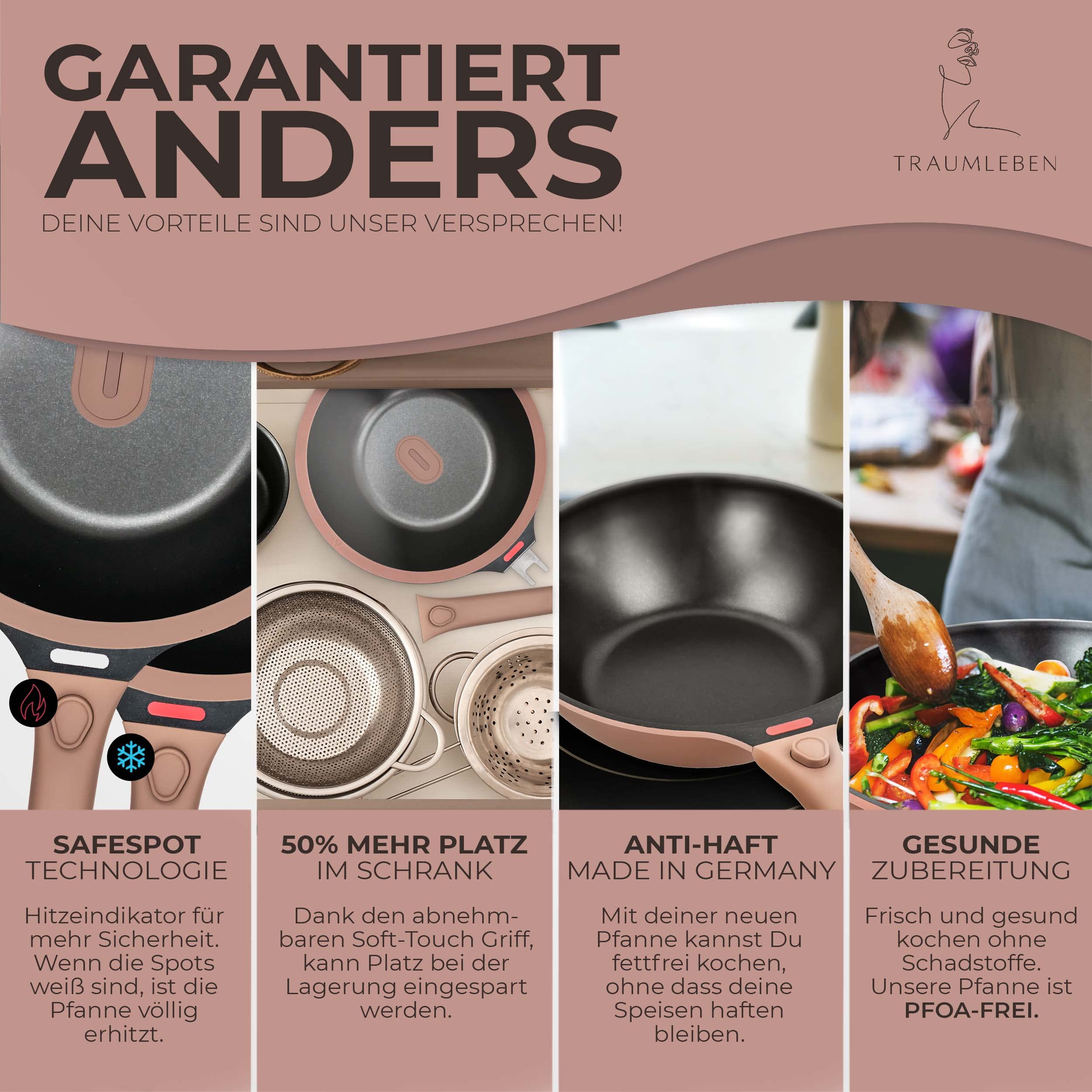 TRAUMLEBEN Wokpfanne mit Deckel 28 cm [abnehmbaren Griffe & Antihaftbeschichtung] PFOA-frei, für Induktion geeignet | backofenfest | hoher Rand | Beschichtete Wok Pfanne | Woks & Wokpfannen 3