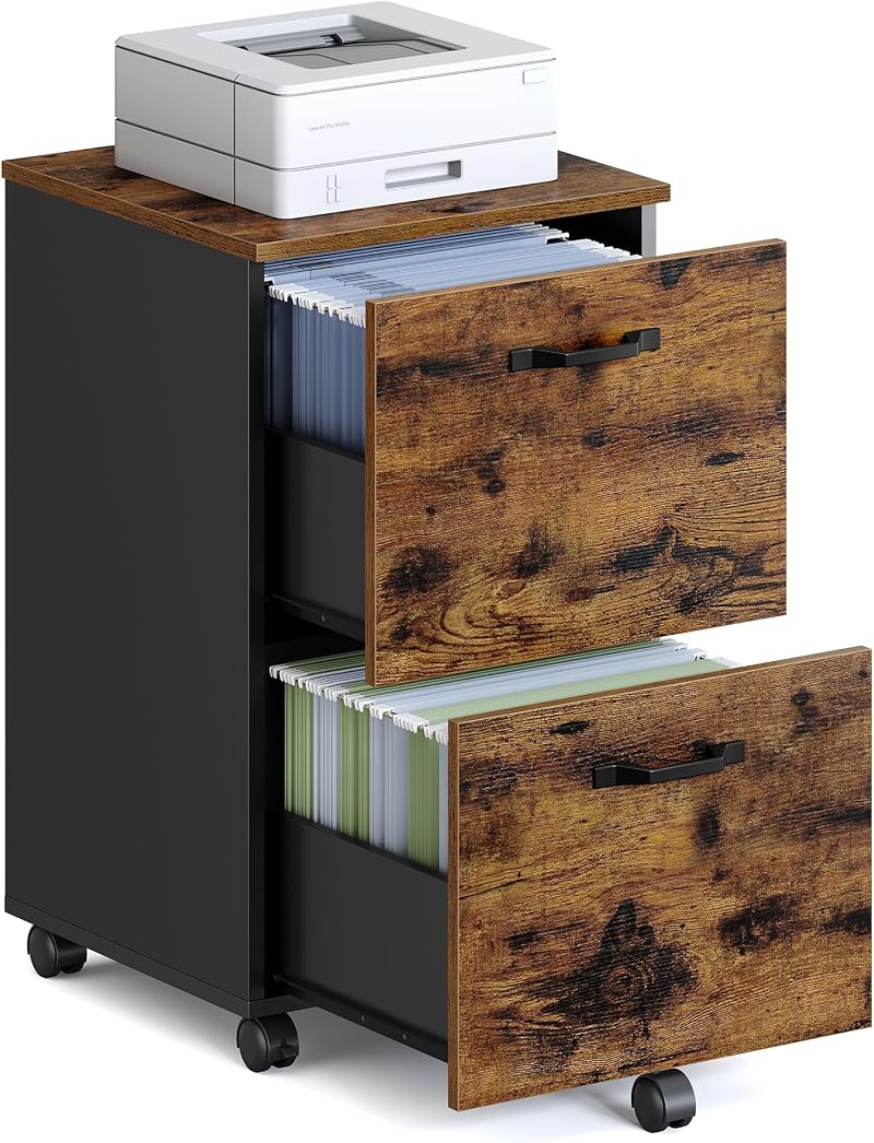 VASAGLE Office Cabinet on Wheels with 2 Drawers Rustic Brown Black